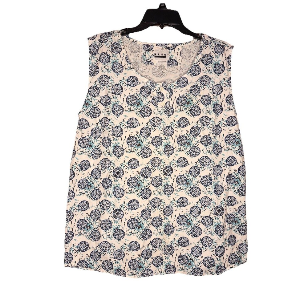 Vintage ILIO Women Tank Sleeveless Top Shirt L Button White Blue Print Vaca